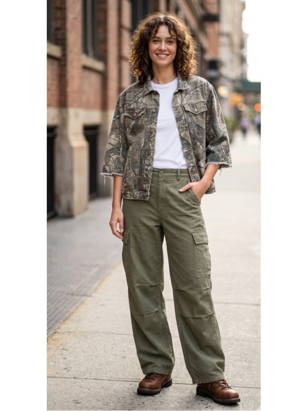 Outdoor Camo Real Tree 3/4 Raw Hem Sleeve Gorpcore Trucker Denim Jacket- Medium